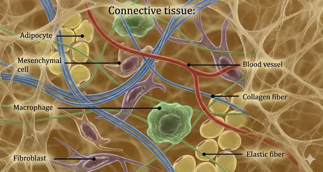 Microscopic cross-section showing blood vessels, neural inputs, and fluid pathways within fascia